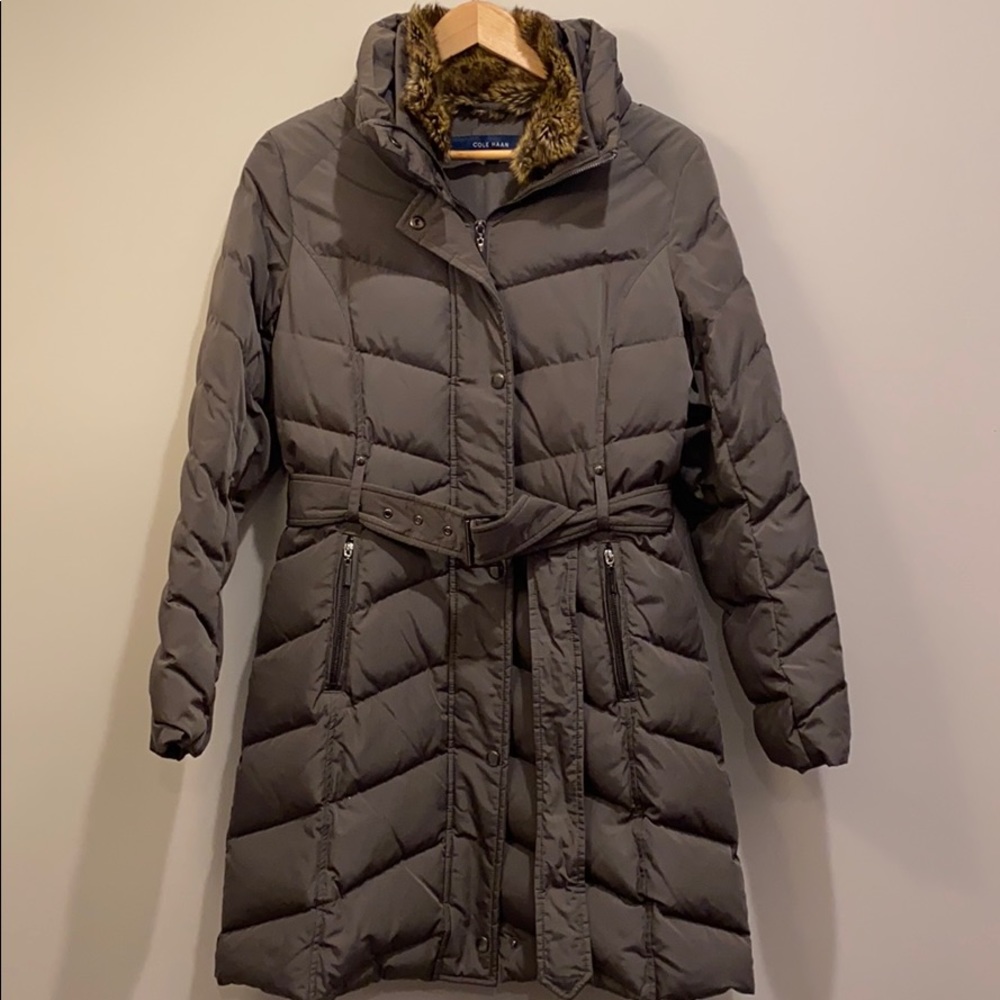 Cole Haan Fur Trim Down Winter Coat Jacket Gray S